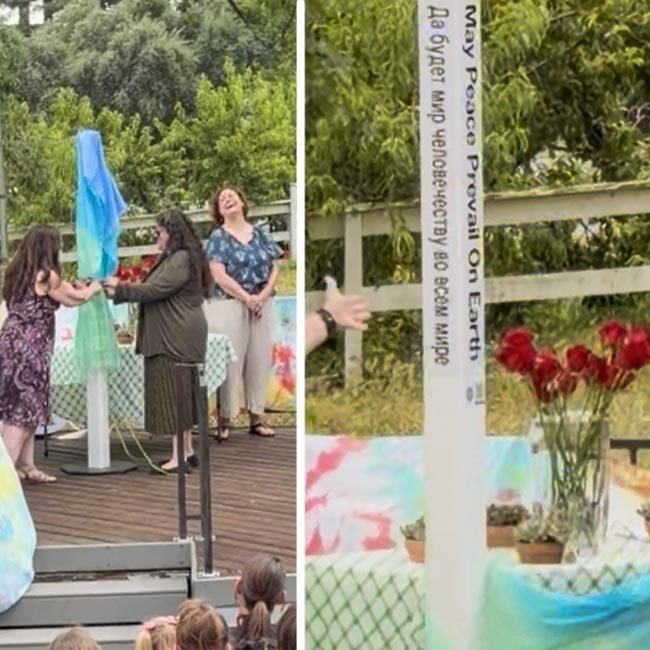 A diptych of a Peace Pole being unveiled, honoring a teacher at an outdoor ceremony.