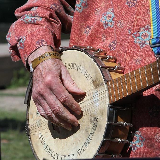 Close-up of the body of a banjo being strummed