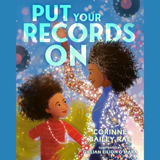 An illustrated children's book cover depicting a black woman and child dancing. Records and sparkles dance in the air with them.