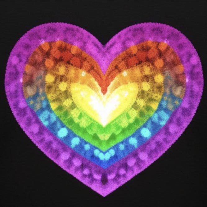 An illustrated heart to appear as though it's made of sequins which form a rainbow radiating from the center.