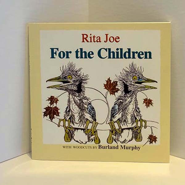 Illustrated book cover of Rita Joe's For the Children, depicting 2 baby birds sitting on a branch