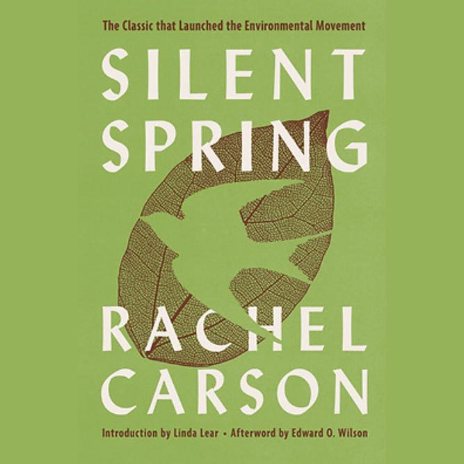 Book cover Silent Spring by Rachel Carson. In the background is a silhouette of a bird cut out of a dried leaf.