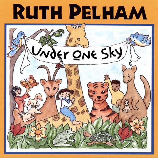 Illustration of jungle animals holding a banner which reads Under one sky by Ruth Pelham