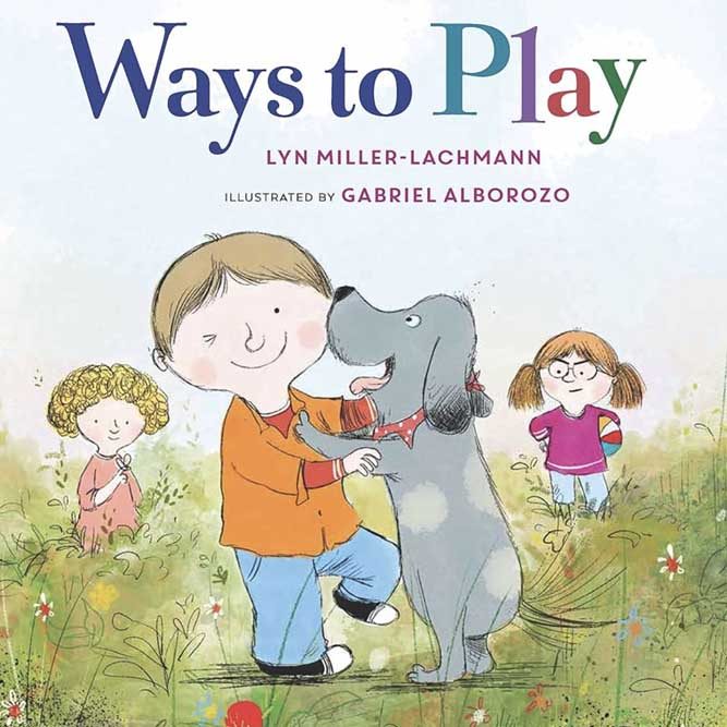 Illustrated book cover of Ways to Play, with a boy playing with a grey spotted dog on its hind legs. 2 other children are in the background playing in the grass