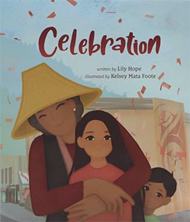 Illustrated book cover of "Celebration" depicting a native Alaskan family with a mother hugging her children
