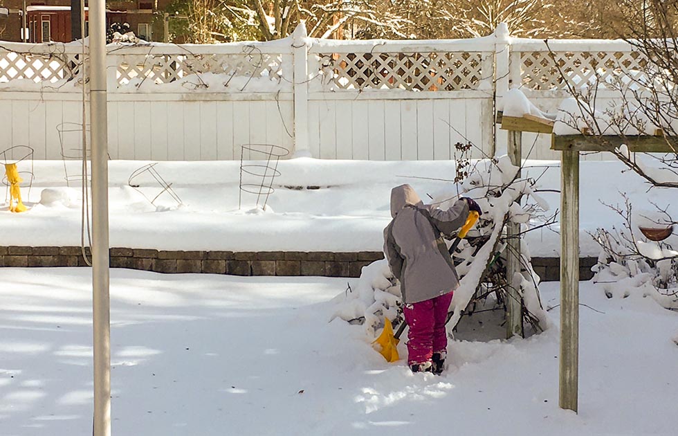 Child shoveling snow to create an igloo