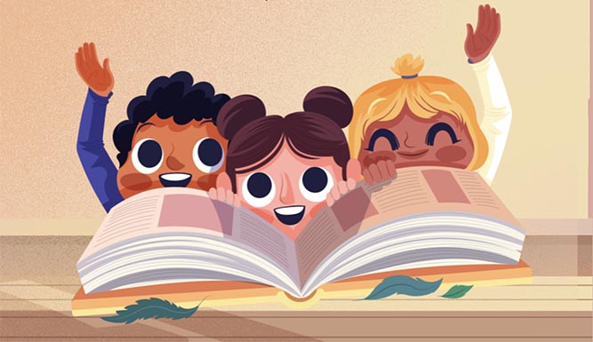 Illustration of 3 children excited about the book open in front of them. Two kids have their hands raised to ask questions.