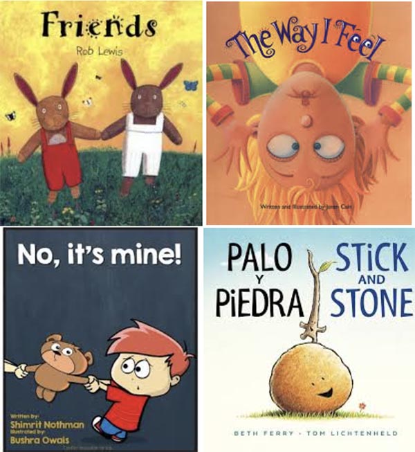 4 children's book covers: Friends by Rob Lewis, The Way I Feel by Janan Cain, No It's Mine by Shimrit Nothman, Stick and Stone/Pal y Piedra by Beth Ferry and Tom Lichtenfeld