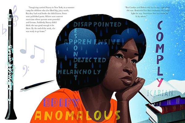 Illustration of a young black girl surrounded by a clarinet, a pen, and a stack of books.