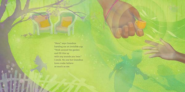 Interior spread from A Cup of Quiet. Book text is overlaid on an illustration of 2 chairs in a quiet garden. Shadows on the grass reveal an adult handing a cup to a child.