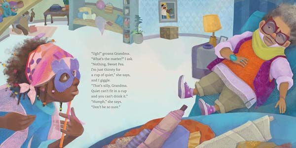 Interior spread with book text overlaid on an illustration of a living room. An adult leans back in a recliner, while a child wears a mask and plays dress-up in a pile of fabrics.