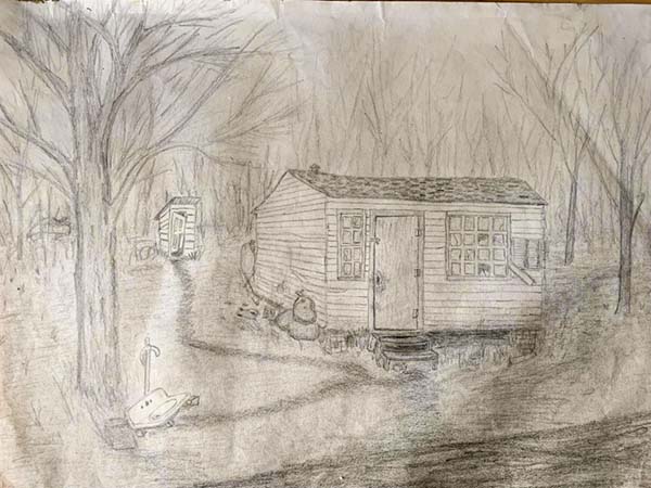 Pencil sketch of a cabin in the woods. The trees have no leaves.