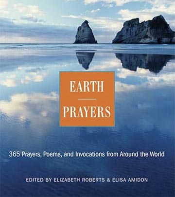 Book cover of Earth Prayers. A still ocean reflects the sky and clouds overhead. In the distance 2 large rocks break the horizon line.