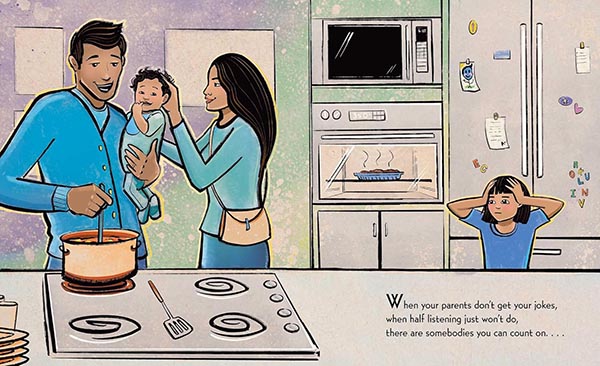 2-page illustrated spread showing a young girl looking on as her mother and father coo over a baby while stirring a pot on the stove.