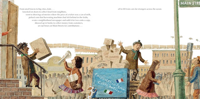 Interior book spread showing a very busy street scene with people rushing everywhere, many are carrying boxes. One person sells newspapers, and a dog jumps up on a huge carton of packages.