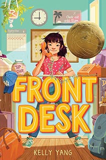 Illustrated book cover, Front Desk, features a girl sitting at a desk in front of a classroom.