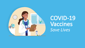 Illustration of an East Asian female doctor in a lab coat with a stethoscope around her neck. She smiles as she looks at a clipboard. Text to the right of this illustration reads, "COVID-19 Vaccines save lives."