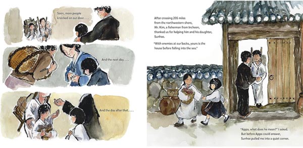 Interior spread of a book with watercolor illustrations showing the Japanese family around the home compound.