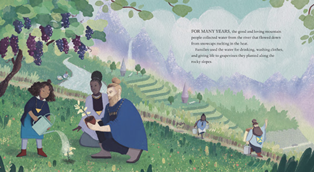 An illustrated spread from a children's book depicting people of different races and ages planting and watering in the hills.