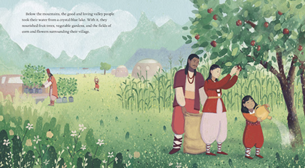 An illustrated spread from a children's book showing an Asian family picking apples and watering the trees