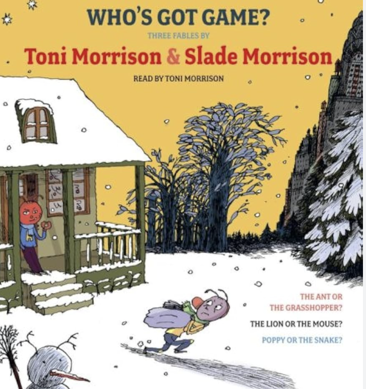 Illustrated children's book cover with the title, "Who's Got Game?" It shows a fly running out into the snow looking back at a house. Another fly stands in the open doorway waving goodbye.