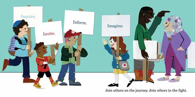 Illustration of protestors holding signs which read, "Inquire. Inform. Imagine. Invite." Text at the bottom of the page reads, "Join others on the journey. Join others in the fight."