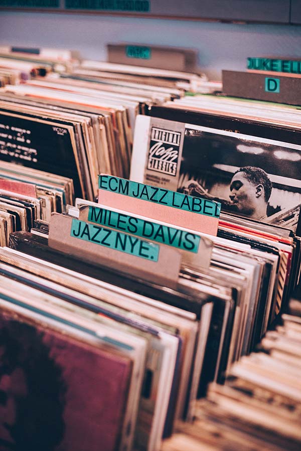Jazz records in a sales bin