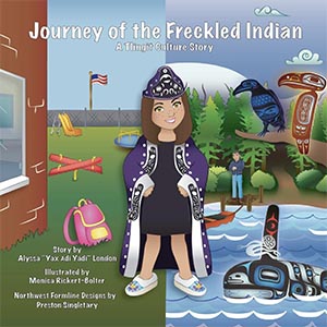 Illustrated book cover for Journey of the Freckled Indian shows a young woman wearing a jeweled robe and hat. One foot is in a lake with indigenous depictions of animals. The other foot is on a grassy playground.