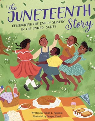 Illustration of a group of young, black children dancing in a circle at an outdoor picnic. Text reads: The Juneteenth Story, celebrating the end of slavery in the United States