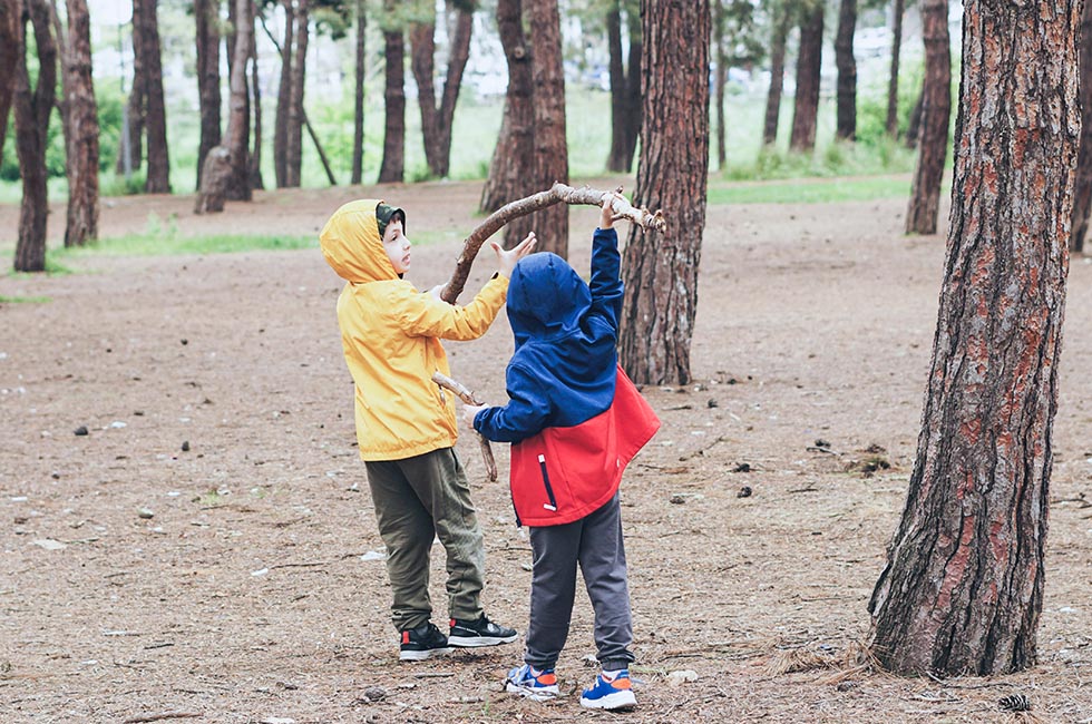 Two boys wearing colorful hooded jackets playing in the woods and carrying a long tree branch over their heads.