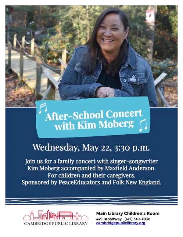 Flyer for Kim Moberg after school concert. Kim is seen outdoors with trees behind her.