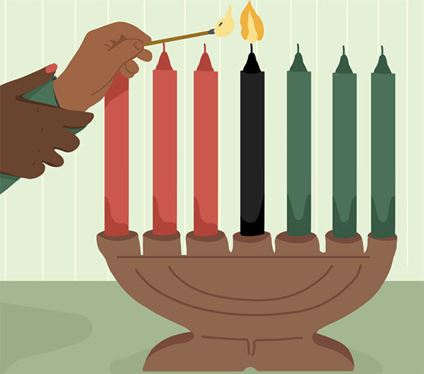 Illustration of Black parental hand guiding a child's hand to light the Kwanzaa candelabra.