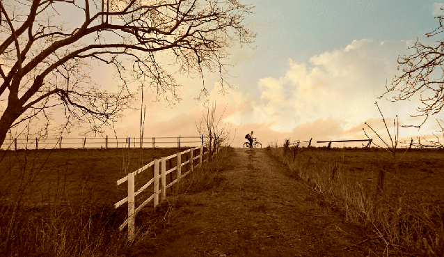 A dirt path in the country. A white picket fence lines one side and at the far end of the path is a cyclist.