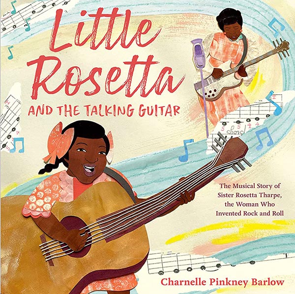 Illustrated book cover showing a young black girl playing a guitar. In the background is a smaller illustration of the young girl as a grown woman playing the same guitar