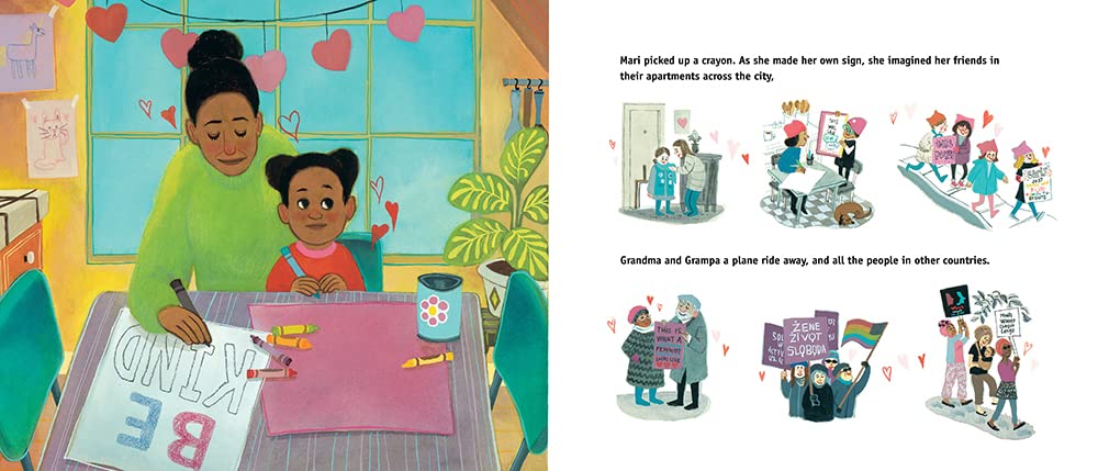 Interior spread of the illustrated children's book. One page shows a teacher at a desk with a student helping them use crayons to make a sign that says, "Be Kind." The facing page is 6 smaller illustrations showing the process of putting on warm clothes and walking on the sidewalk with others who are also holding up signs.