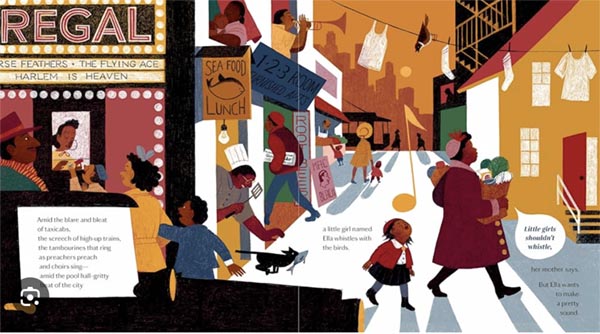 Illustrated book pages showing people walking down busy city streets of shops, restaurants, and a theater.