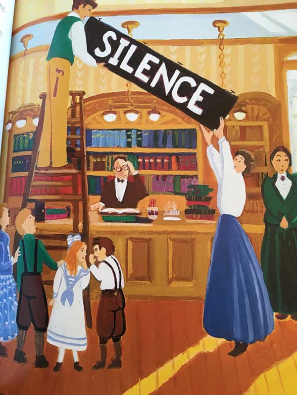 Illustration of people in early 1900s dress inside a library. A woman is putting up a banner that reads: Silence