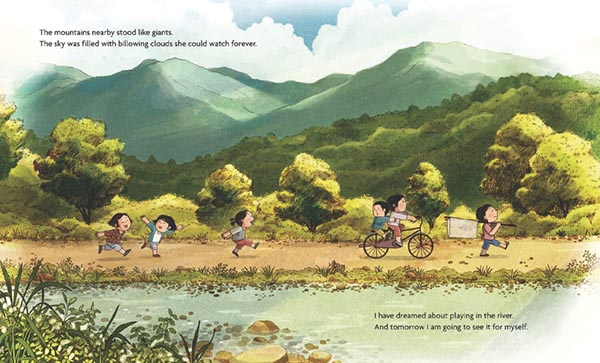 Illustration of several Asian children playing, running, and marching along a riverbank. Mountains and trees rise in the distance.