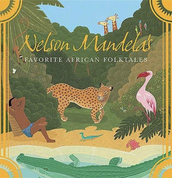 Illustrated children's book cover of a jungle with a young black man leaning against a tree trunk with an alligator, cheetah, giraffes, a stork and some parakeets watching him.