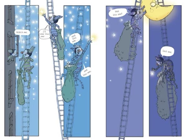 Interior spread showing the 2 mice climbing a ladder up to the moon.