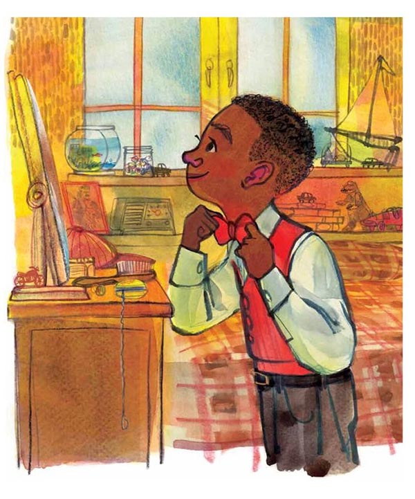 Illustration of a young Black boy checking his bowtie in the mirror of his bedroom.