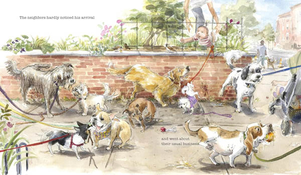 Illustrated book interior of many different breeds of dogs, many on leashes, walking in front of a brick wall.