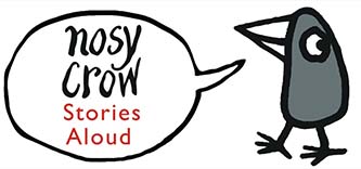 Illustration of a crow with a speech bubble that reads Nosy Crow Stories Aloud