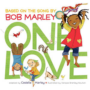 Illustrated children's book cover with kids and pets playing in the letters of the title, One Love, based on the song by Bob Marley