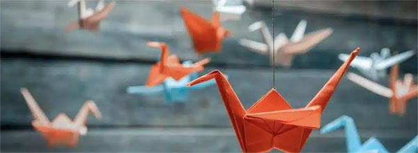 Hanging origami cranes in various colors