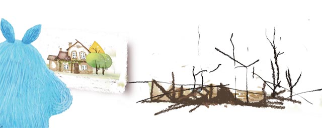 Line drawing of a long row of cars, bumper to bumper, that goes all the way into the distance. They are filled with families packed up evacuating their homes.