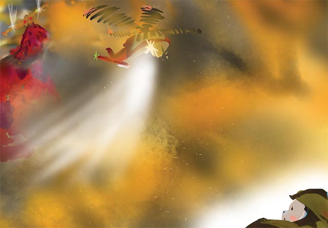 Illustration of a firefighter looking up through the smoky sky to a water-dropping helicopter overhead.