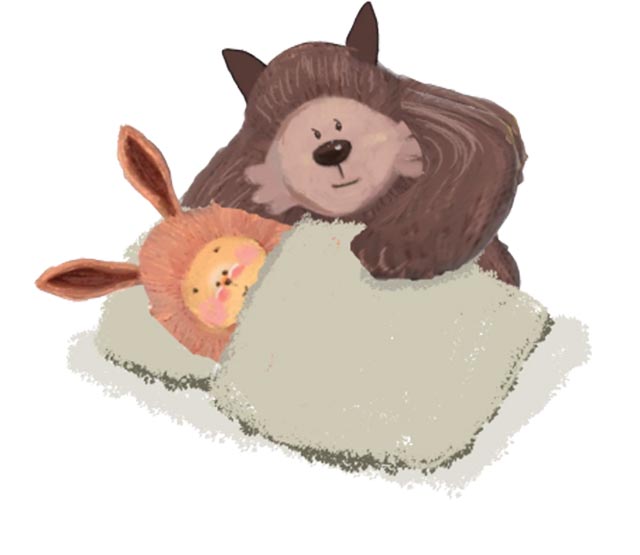 Illustration of a parent furry creature tucking in its child into bed.