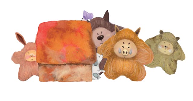 A family of cute furry creatures looking at their dog in its doghouse