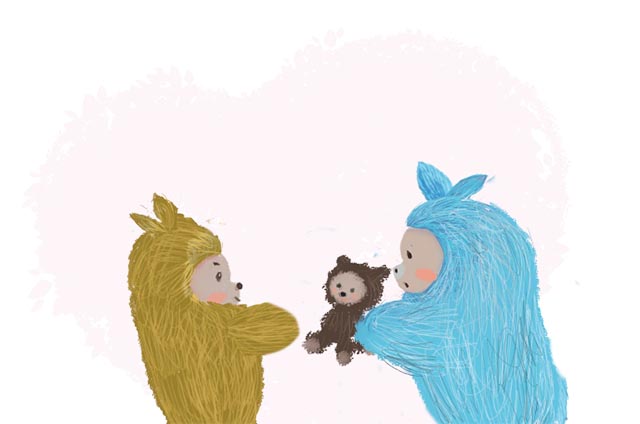 Illustration of a blue furry creature giving its teddy bear to a yellow furry creature.